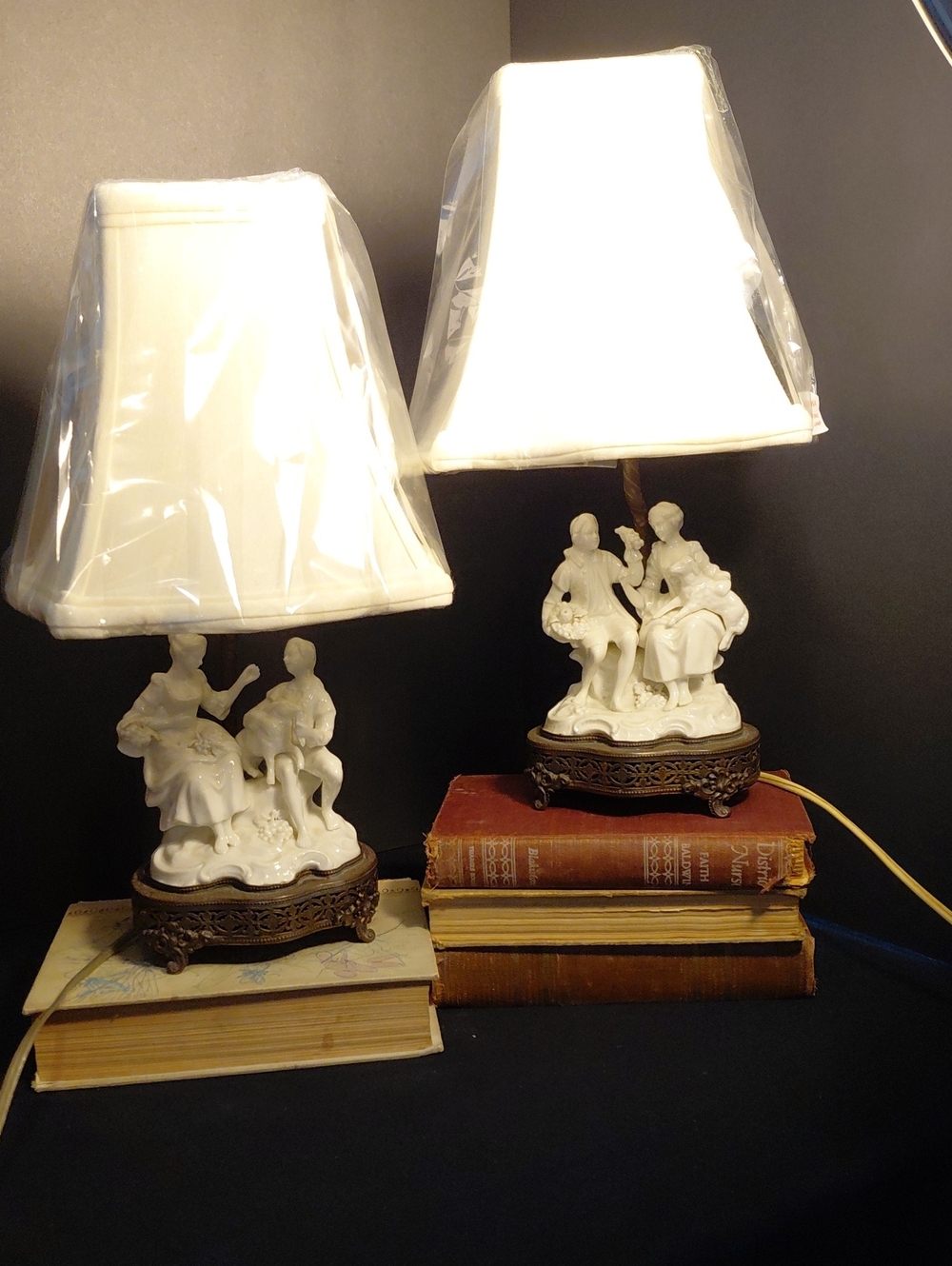 ANTIQUE BRASS AND PORCELAIN COURTING COUPLE/SHEPPARD BOY LAMPS